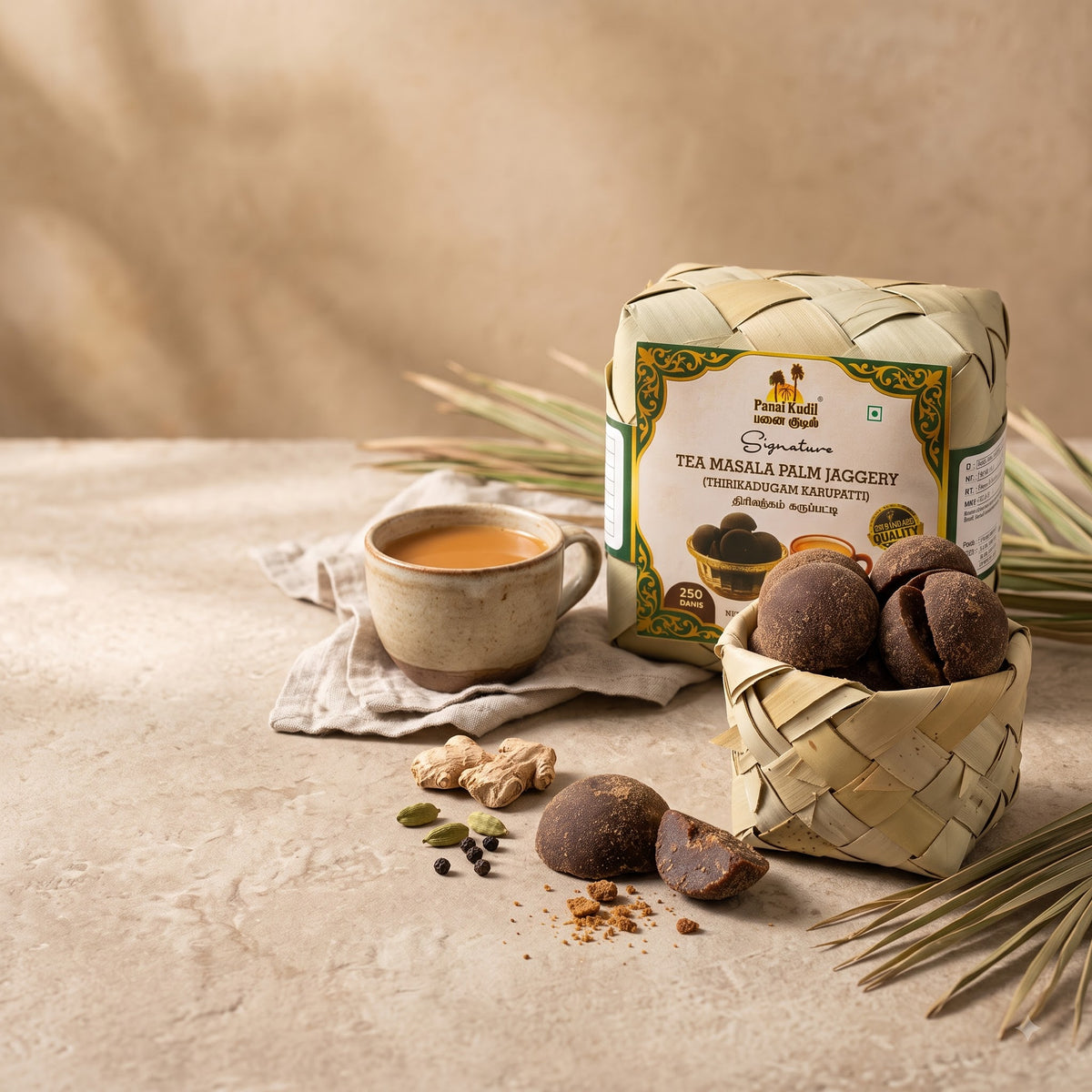 Tea Masala Karupatti (Tea Masala Palm Jaggery) 250g | Panai Kudil